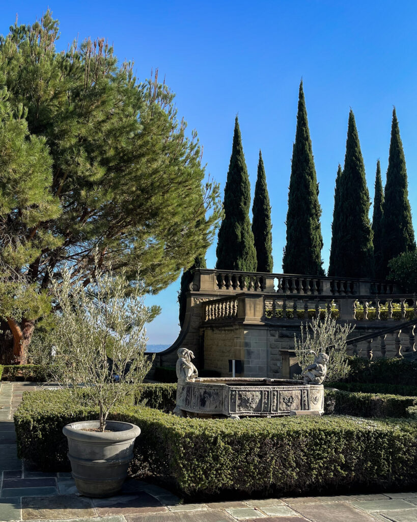 A fountain and hedges sit in a stone courtyard with conifer and oak trees behind a stone balustrade and stairs.