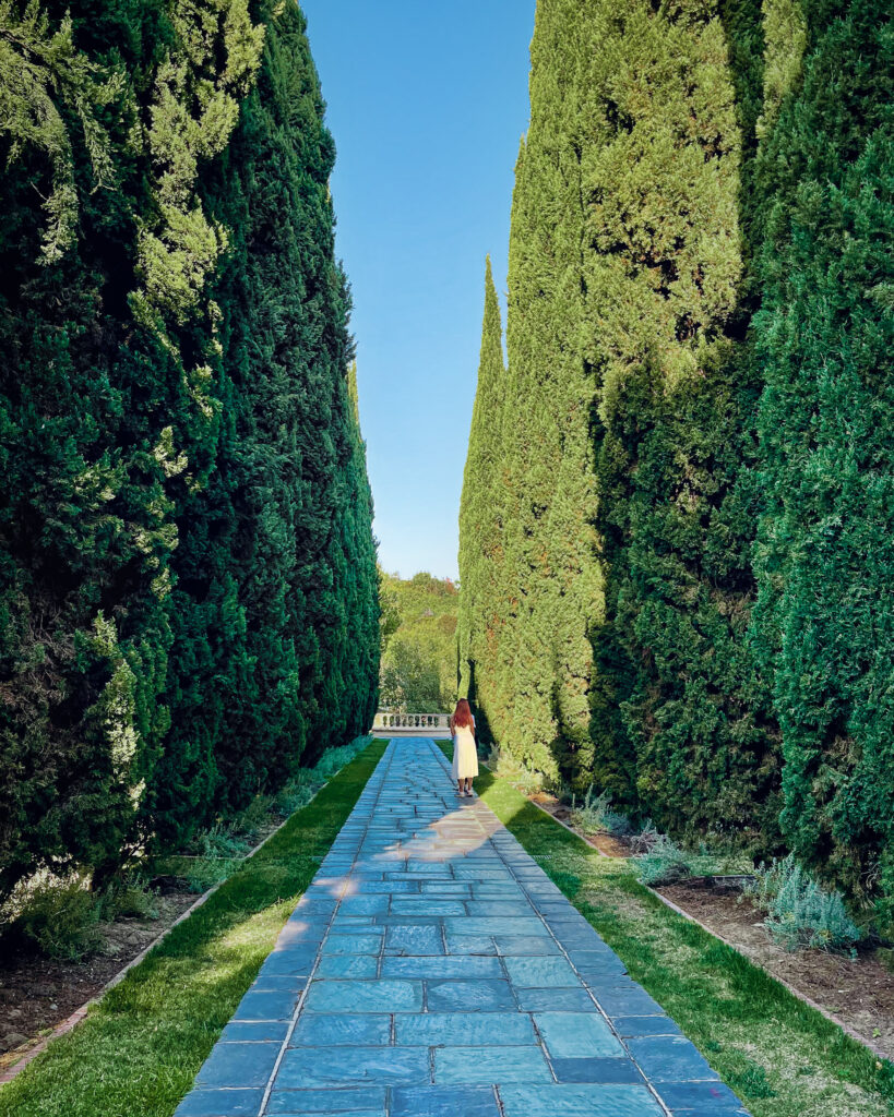 A child in a white sundress stands on a limestone path at the end of a deep row of cypress trees