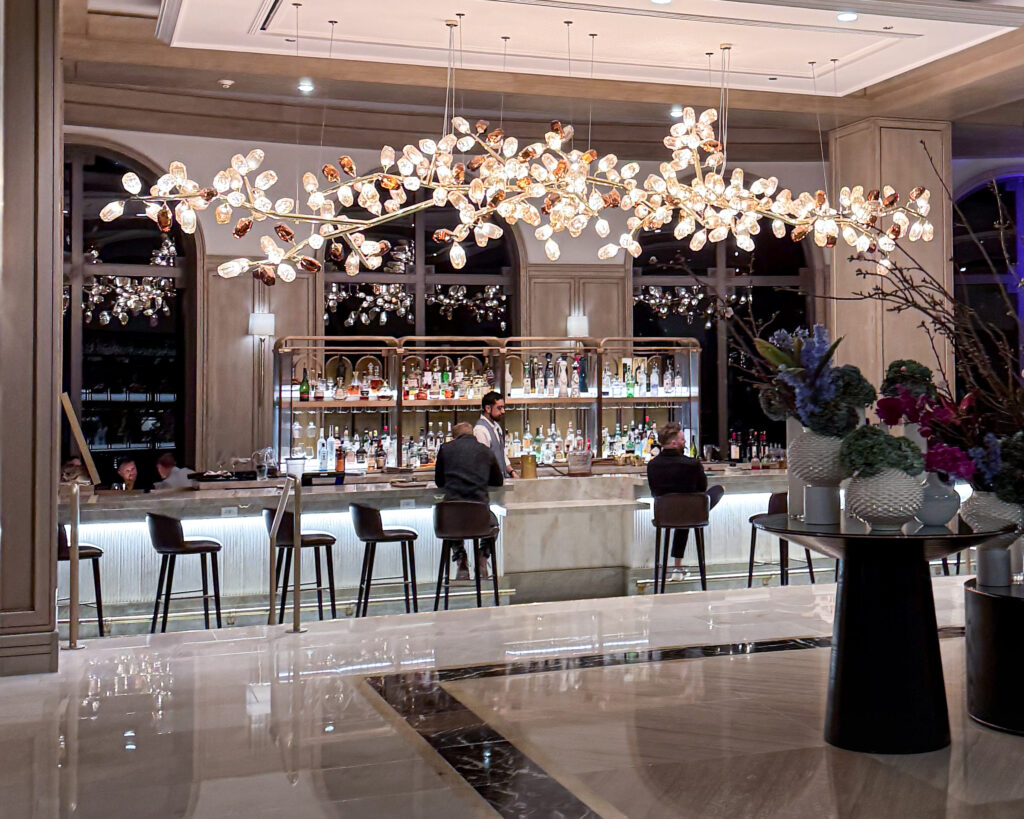 Lobby lounge bar with ornate chandelier